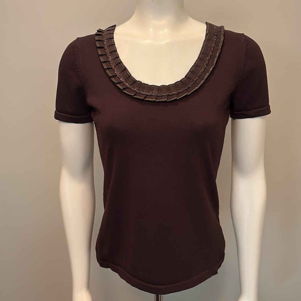 Alberto Makali Short Sleeve Top with Ribbon Embellished Scoop Neck in Brown L